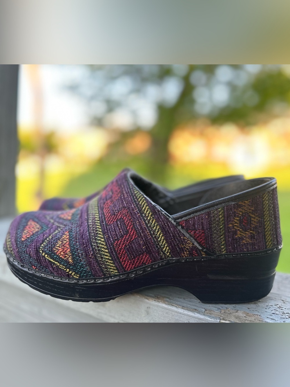 DANSKO 40 Aztec Southwestern Mule Clog Woven Tapestry Italy Leather Comfort Boho